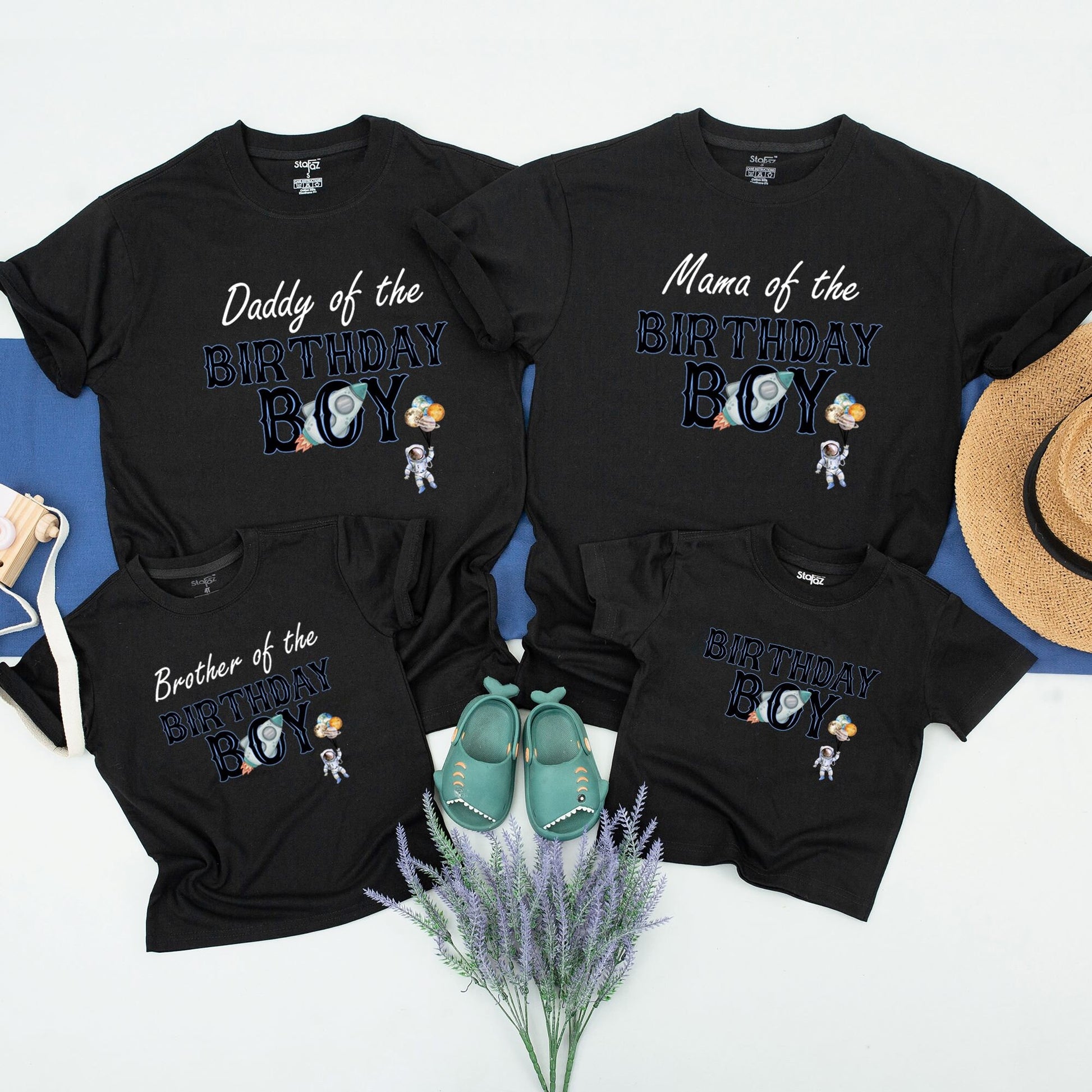 Matching Family Astronaut Birthday Shirts for Daddy Mama Brother of the Birthday Boy featuring Rocket Ship & Planet Balloons Design
