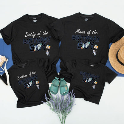 Matching Family Astronaut Birthday Shirts for Daddy Mama Brother of the Birthday Boy featuring Rocket Ship & Planet Balloons Design