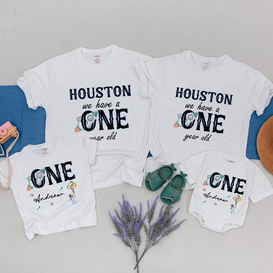 Houston We Have a One Year Old Space Birthday Shirt Matching Family Outfit Astronaut Planet Star Rocket Celebration Gift