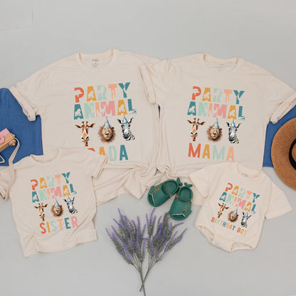 Party Animal Safari Birthday Shirt Matching Family Zoo Celebration Tees with Colorful Animal Silhouettes and Birthday Hats Cotton Comfortable