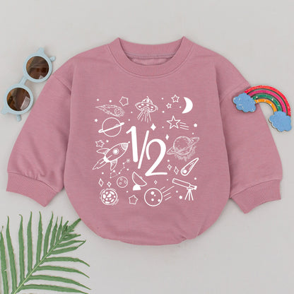 Whimsical Space Half Birthday Boy Romper with 1/2 Text for 6 Months Celebration Planets Stars Rocket Moon UFO Black Ink Newborn Baby Outfit Gift