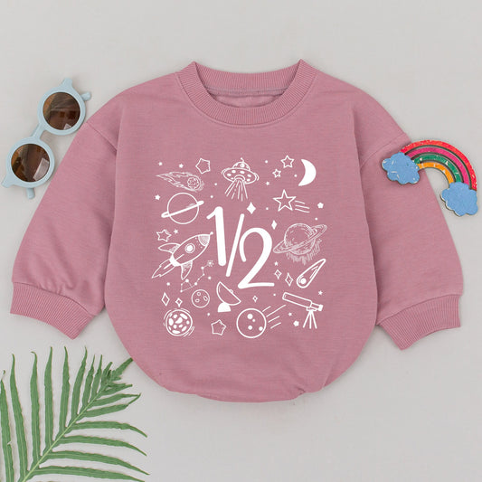 Whimsical Space Half Birthday Boy Romper with 1/2 Text for 6 Months Celebration Planets Stars Rocket Moon UFO Black Ink Newborn Baby Outfit Gift