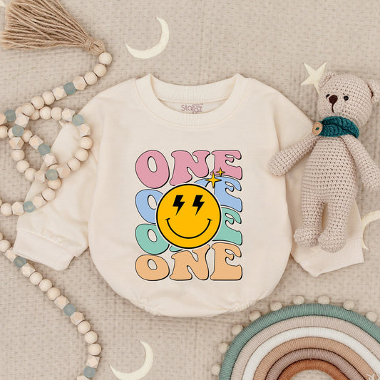 One Happy Babe Smiley Face First Birthday Romper Outfit Personalized Baby Name Bubble Bodysuit Party Celebration Gift