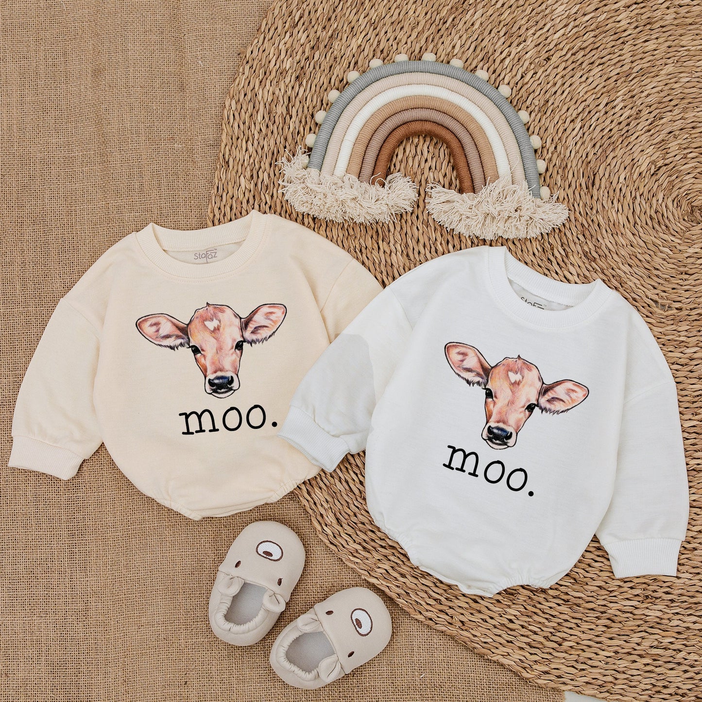 Moo Cow Baby Romper, Cute Farm Outfit with Hand-Drawn Cow Design Newborn Gift Soft Cotton Bodysuit, Playful Baby Clothes Sweatshirt Romper 138