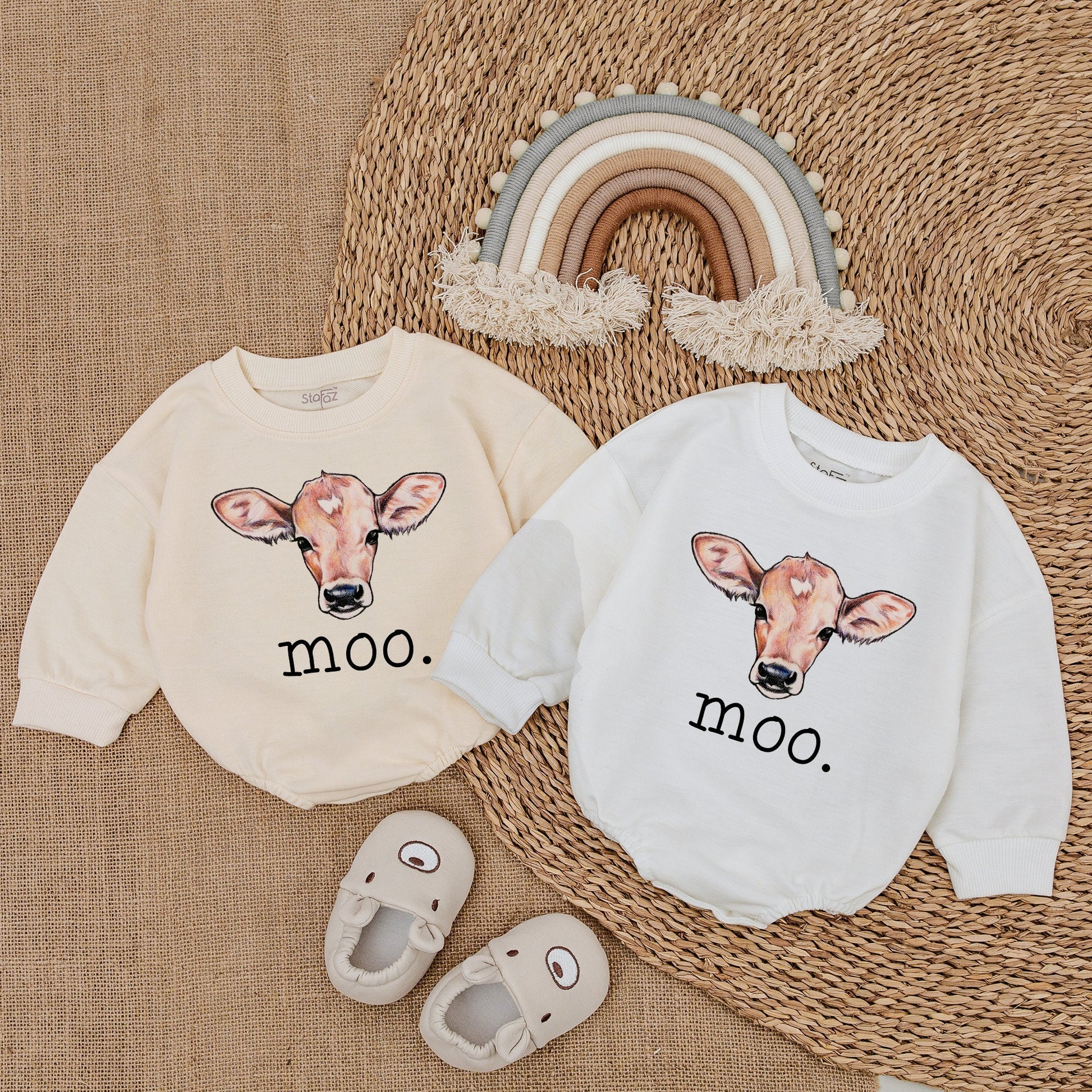 Moo Cow Baby Romper, Cute Farm Outfit with Hand-Drawn Cow Design Newborn Gift Soft Cotton Bodysuit, Playful Baby Clothes Sweatshirt Romper 138