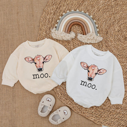Moo Cow Baby Romper, Cute Farm Outfit with Hand-Drawn Cow Design Newborn Gift Soft Cotton Bodysuit, Playful Baby Clothes Sweatshirt Romper 138