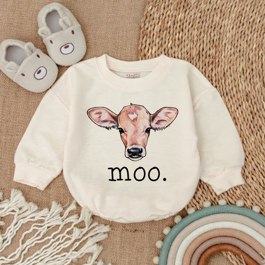 Moo Cow Baby Romper, Cute Farm Outfit with Hand-Drawn Cow Design Newborn Gift Soft Cotton Bodysuit, Playful Baby Clothes Sweatshirt Romper 138