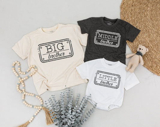 Big Middle Little Brother Distressed Rectangle Matching Sibling Shirts Toddler Baby Announcement Rustic Brother Tees