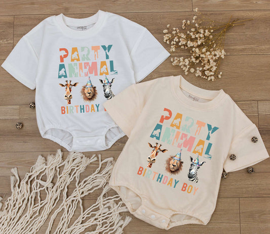 Party Animal Birthday Boy Romper Wild One Safari First Birthday Outfit Playful Multicolored Jungle Animals Giraffe Lion Zebra