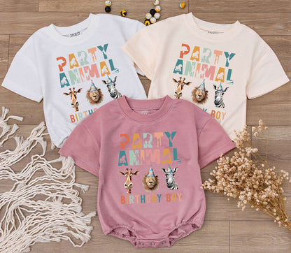 Party Animal Birthday Boy Romper Wild One Safari First Birthday Outfit Playful Multicolored Jungle Animals Giraffe Lion Zebra