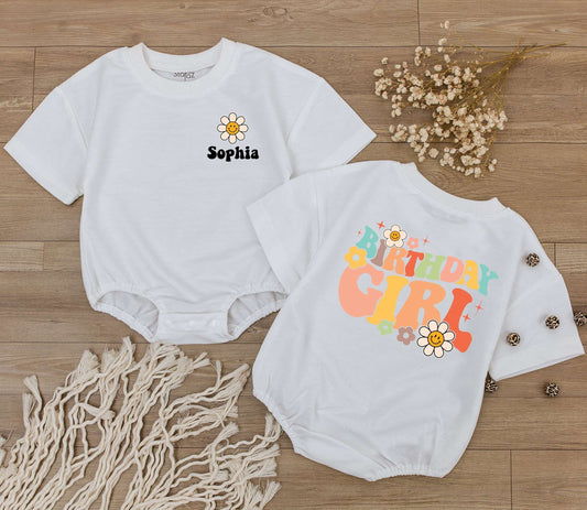 Custom Retro Birthday Girl Baby Bubble Romper Groovy Daisy Face First Birthday Outfit Cute Bodysuit Toddler Clothes Smiling Flower Star Design