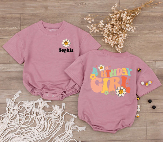 Custom Retro Birthday Girl Baby Bubble Romper Groovy Daisy Face First Birthday Outfit Cute Bodysuit Toddler Clothes Smiling Flower Star Design