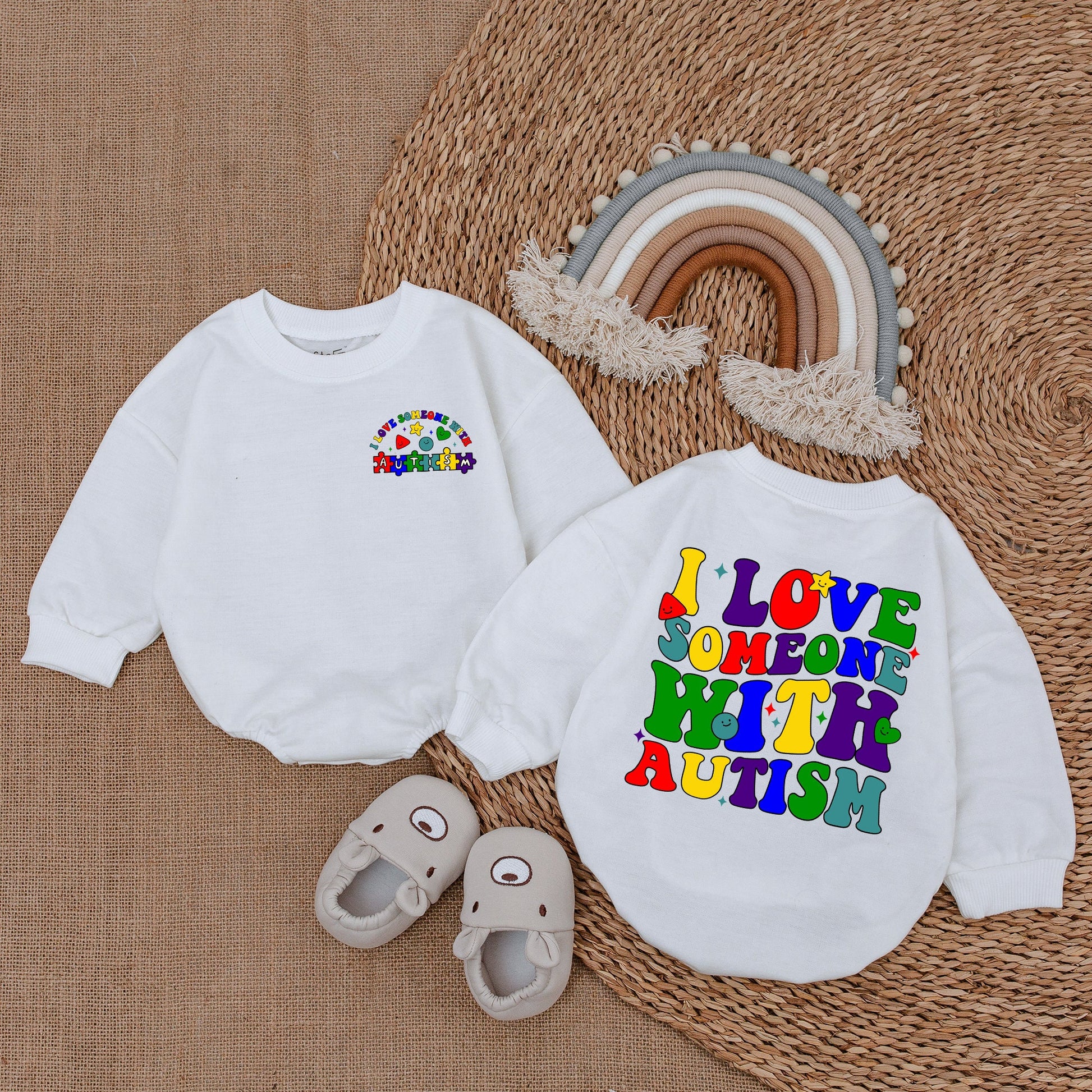 I Love Someone With Autism Retro Bright Colorful Baby Bubble Romper Bodysuit Autistic Pride Newborn Gift Playful Puzzle Piece Star Design