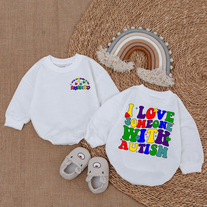 I Love Someone With Autism Retro Bright Colorful Baby Bubble Romper Bodysuit Autistic Pride Newborn Gift Playful Puzzle Piece Star Design