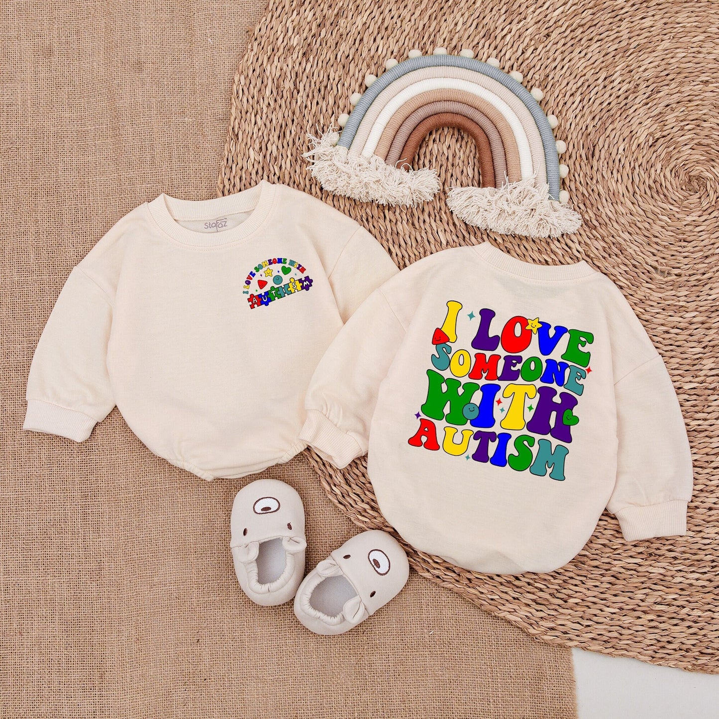 I Love Someone With Autism Retro Bright Colorful Baby Bubble Romper Bodysuit Autistic Pride Newborn Gift Playful Puzzle Piece Star Design