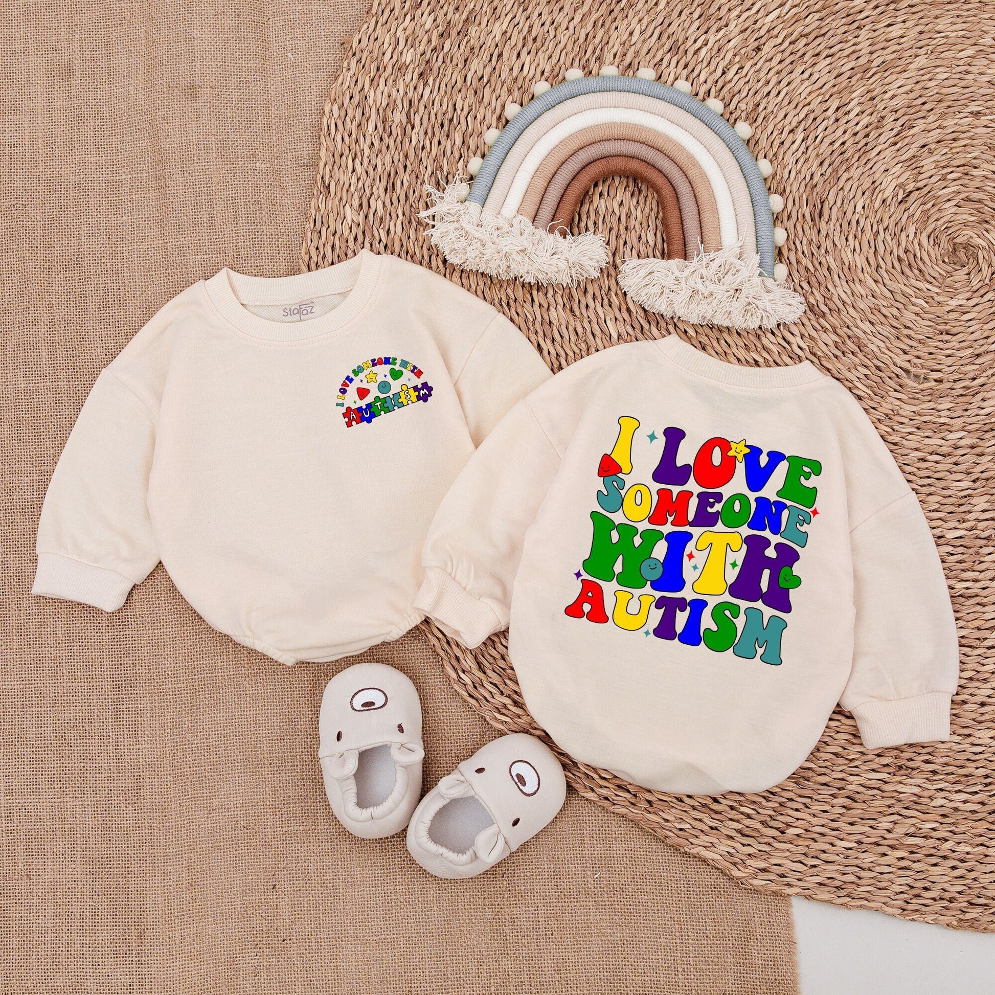 I Love Someone With Autism Retro Bright Colorful Baby Bubble Romper Bodysuit Autistic Pride Newborn Gift Playful Puzzle Piece Star Design