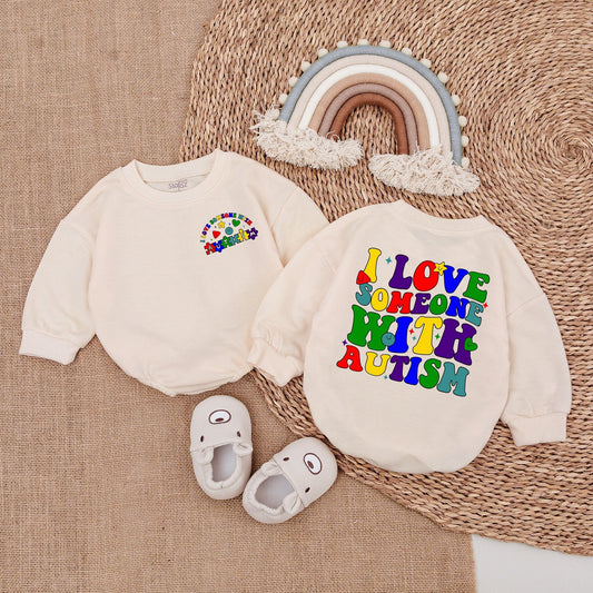 I Love Someone With Autism Retro Bright Colorful Baby Bubble Romper Bodysuit Autistic Pride Newborn Gift Playful Puzzle Piece Star Design
