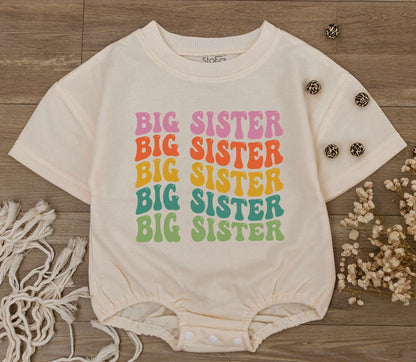 Groovy Big Sister Romper Outfit, Retro 70s Font, Pink Orange Yellow Green, Toddler Tee, Cute Baby Girl Clothes, Sibling Reveal, Bubble Bodysuit  