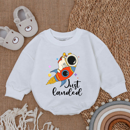 Just Landed Spaceship Baby Bodysuit Astronaut Romper Newborn Shower Gift Soft Cotton Bubble Design Infant Outfit for Girls Boys