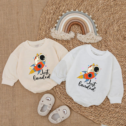 Just Landed Spaceship Baby Bodysuit Astronaut Romper Newborn Shower Gift Soft Cotton Bubble Design Infant Outfit for Girls Boys