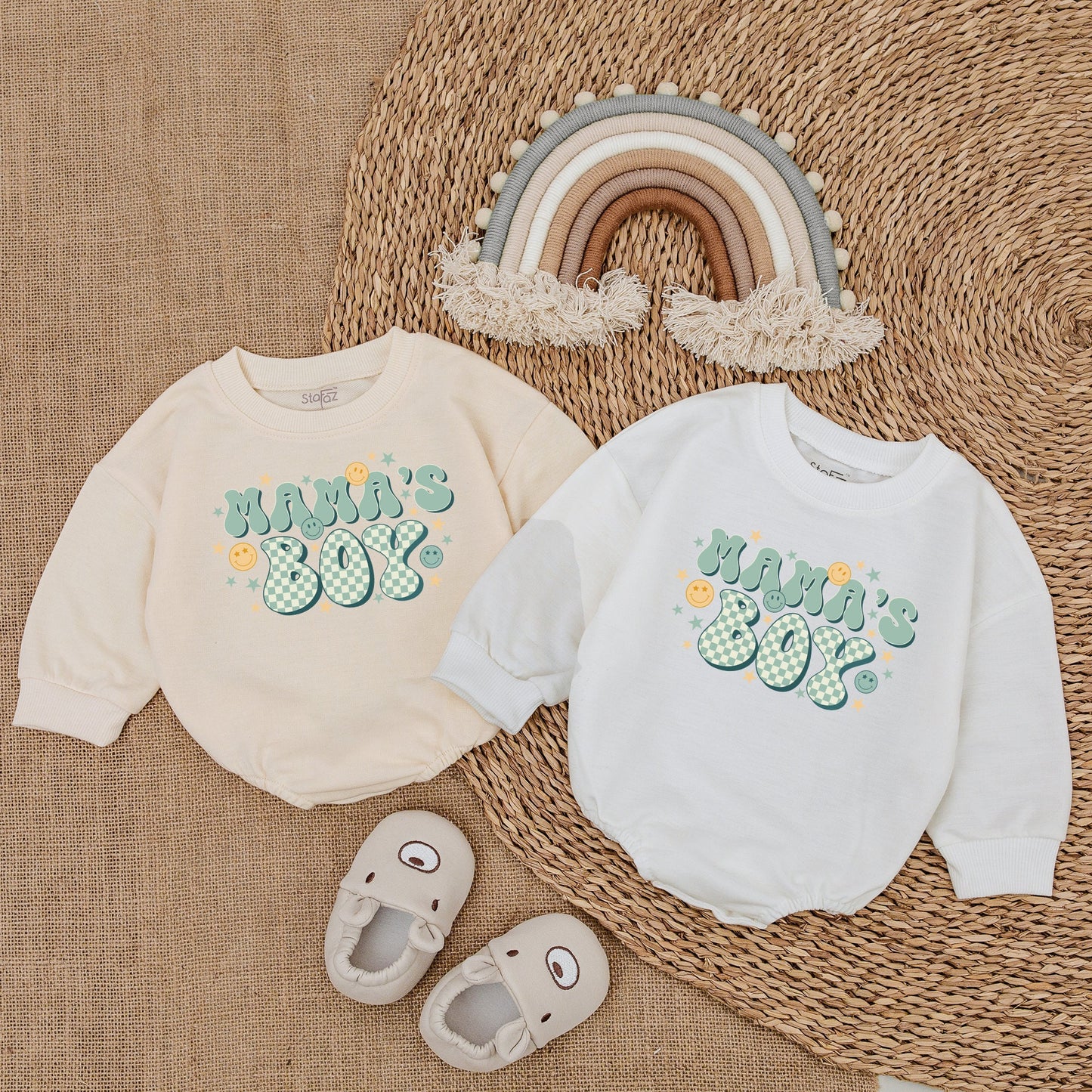 Mama's Boy Romper Retro Playful Design Pale Green White Checkerboard Smiling Faces Stars Baby Boy Outfit Gift for Baby Boy