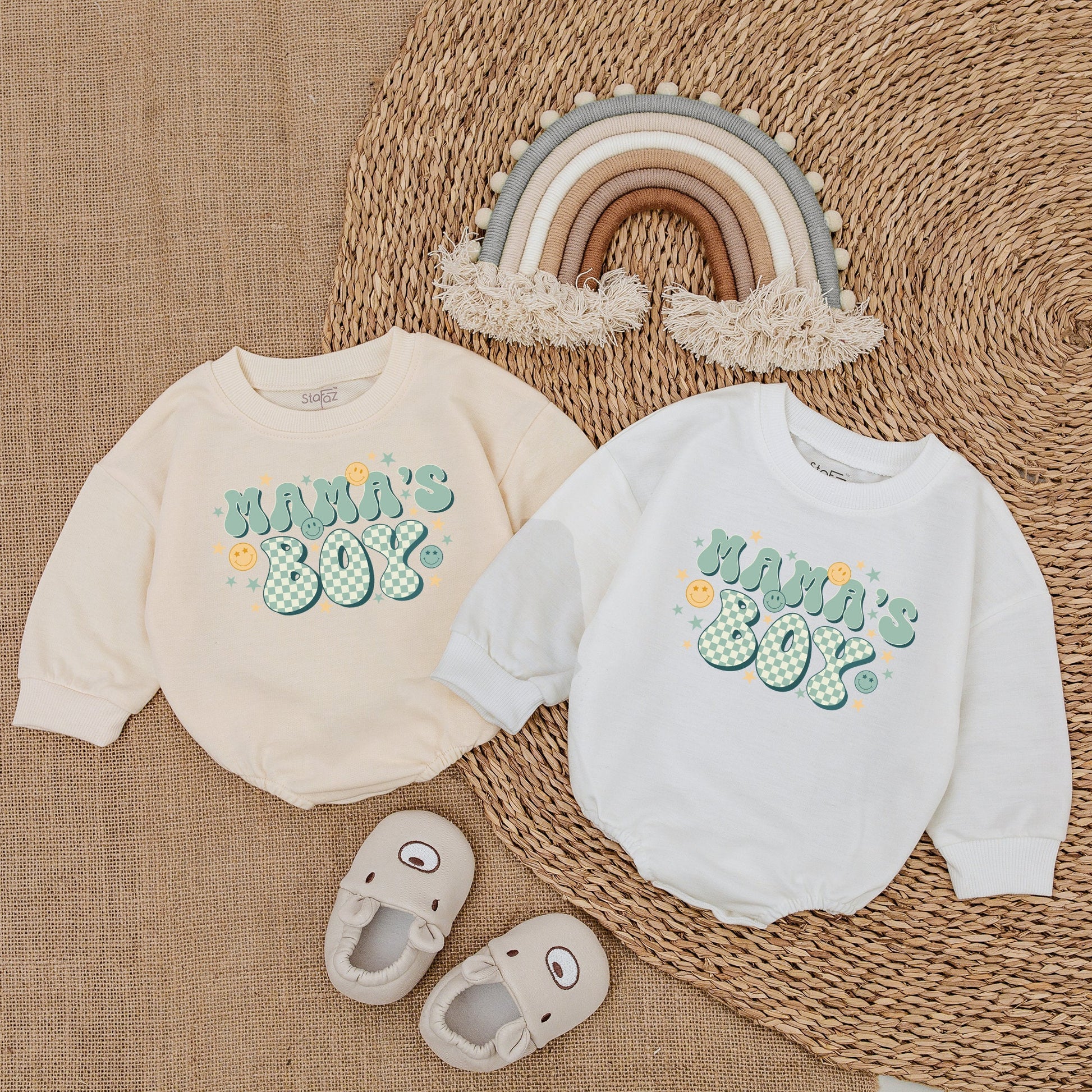 Mama's Boy Romper Retro Playful Design Pale Green White Checkerboard Smiling Faces Stars Baby Boy Outfit Gift for Baby Boy