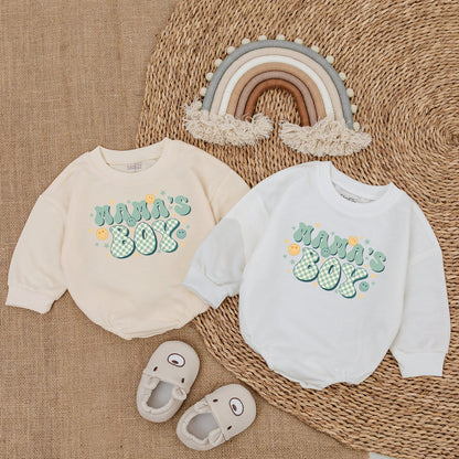 Mama's Boy Romper Retro Playful Design Pale Green White Checkerboard Smiling Faces Stars Baby Boy Outfit Gift for Baby Boy