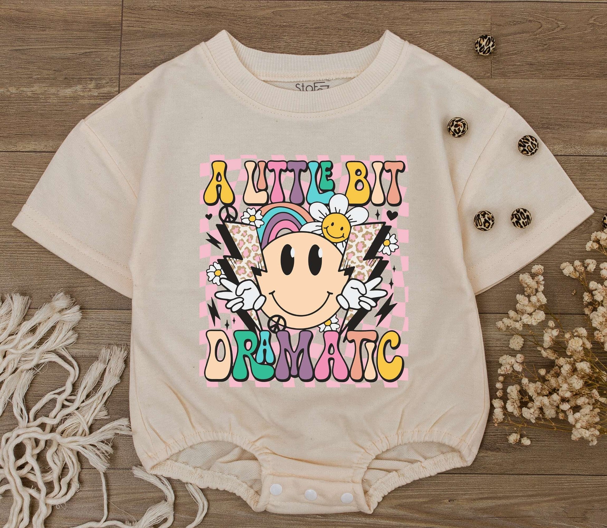 Groovy Little Bit Dramatic Baby Romper Outfit Smiley Face Bodysuit Funny Saying Toddler Tee Retro Clothes Gift for Kid First Birthday Neutral Outfit 138