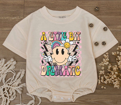 Groovy Little Bit Dramatic Baby Romper Outfit Smiley Face Bodysuit Funny Saying Toddler Tee Retro Clothes Gift for Kid First Birthday Neutral Outfit 138
