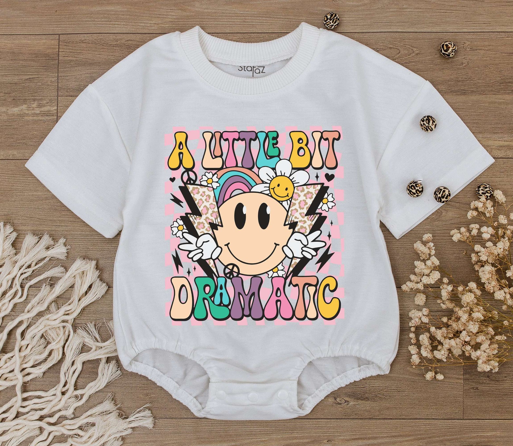 Groovy Little Bit Dramatic Baby Romper Outfit Smiley Face Bodysuit Funny Saying Toddler Tee Retro Clothes Gift for Kid First Birthday Neutral Outfit 138