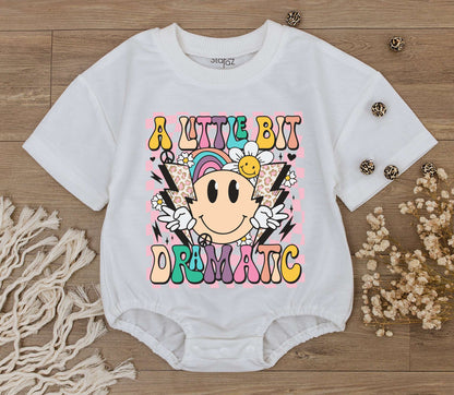 Groovy Little Bit Dramatic Baby Romper Outfit Smiley Face Bodysuit Funny Saying Toddler Tee Retro Clothes Gift for Kid First Birthday Neutral Outfit 138