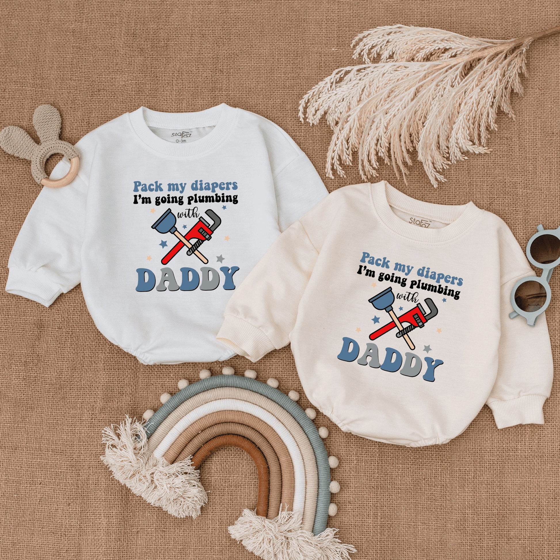 Pack My Diapers Plumbing with Daddy Romper: Funny Father's Day Gift, Newborn Outfit, Plumber Baby Clothes, Blue & Red Wrench Stars, Cute Bodysuit 138