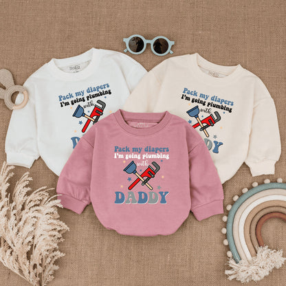 Pack My Diapers Plumbing with Daddy Romper: Funny Father's Day Gift, Newborn Outfit, Plumber Baby Clothes, Blue & Red Wrench Stars, Cute Bodysuit 138