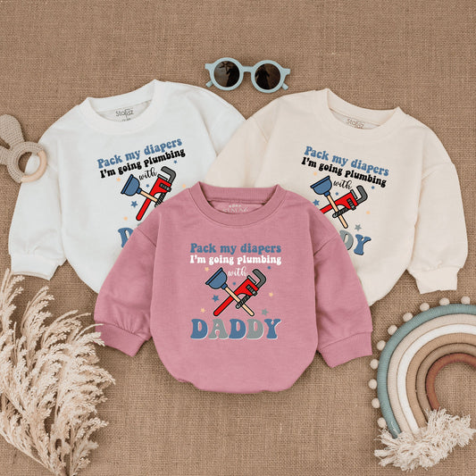 Pack My Diapers Plumbing with Daddy Romper: Funny Father's Day Gift, Newborn Outfit, Plumber Baby Clothes, Blue & Red Wrench Stars, Cute Bodysuit 138