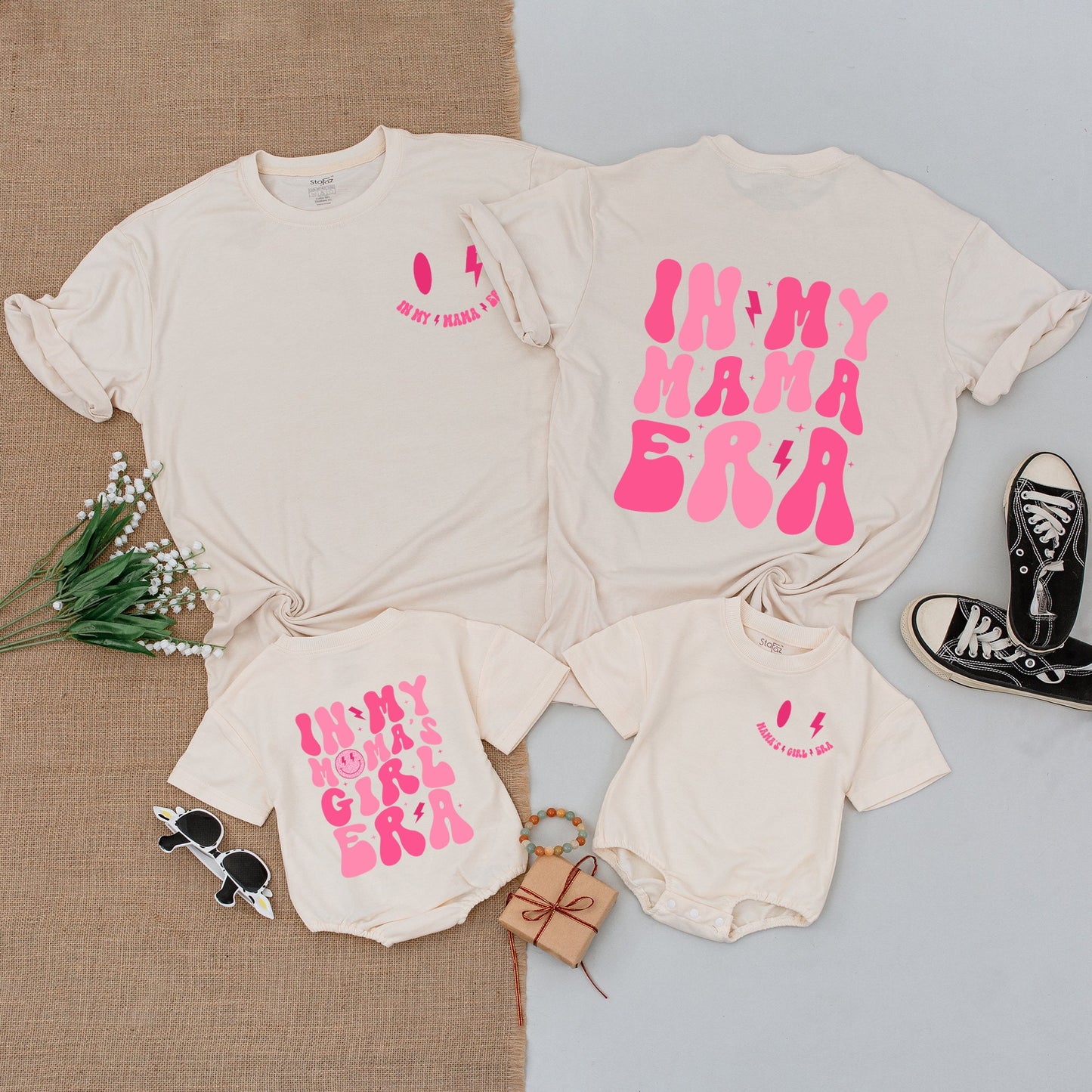In My Mama Era Retro Boho Smiley Face Shirt Mama Mini Matching Outfit Baby Bodysuit First Birthday Gift