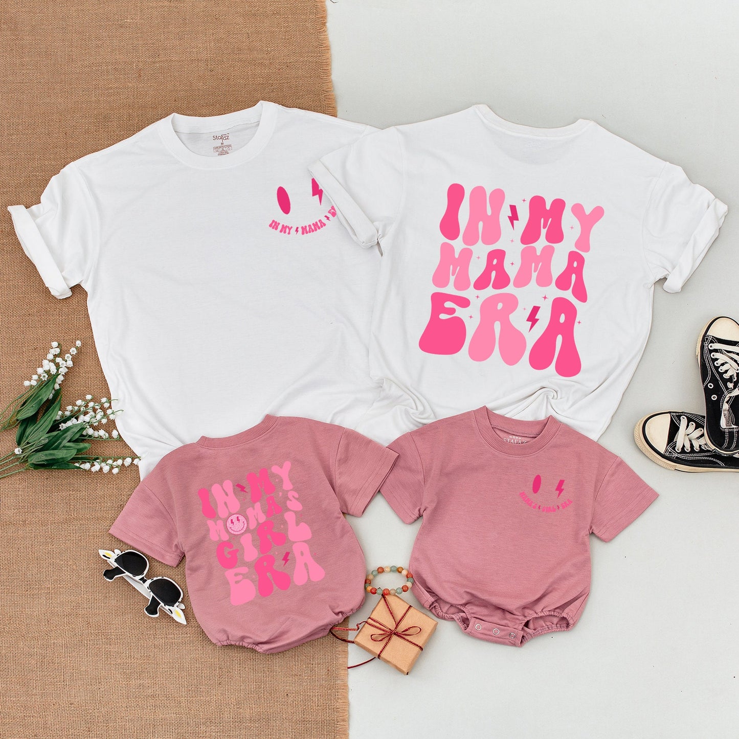 In My Mama Era Retro Boho Smiley Face Shirt Mama Mini Matching Outfit Baby Bodysuit First Birthday Gift