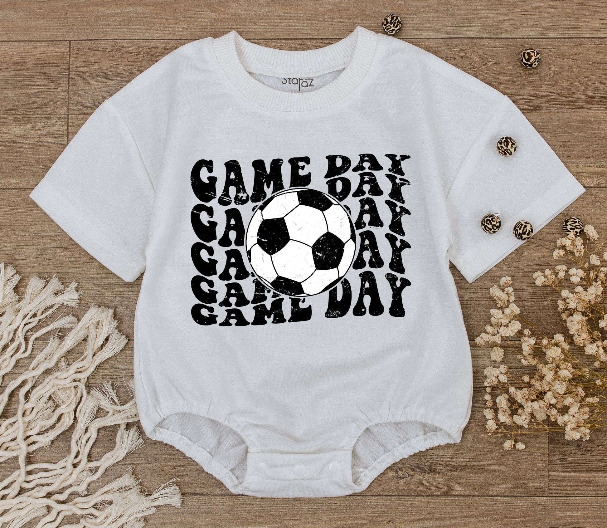 Cute Baby Boy Game Day Football Soccer Baseball Romper Outfit Retro Groovy Sports Jumpsuit Newborn First Birthday Shower Gift Comfortable Toddler Tee