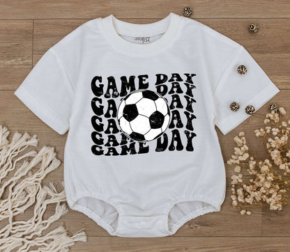 Cute Baby Boy Game Day Football Soccer Baseball Romper Outfit Retro Groovy Sports Jumpsuit Newborn First Birthday Shower Gift Comfortable Toddler Tee