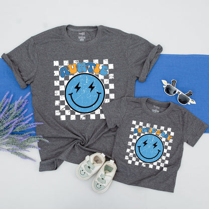 Personalized Auntie & Auntie's Boy Matching Family Shirt Retro Blue Smiley Lightning Bolt 70s Graphic Outfit Gift for Aunt