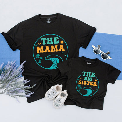 Custom The Big One First Birthday Matching Family Surfer Beach Tee for Mom Dad Boy with Ocean Wave Palm Tree Retro Turquoise Orange Design