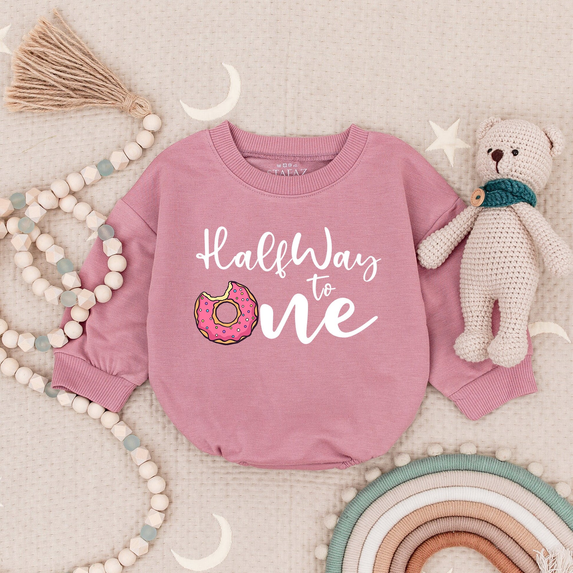 Sweet Half Way to One Donut Romper! Baby Girl's 1/2 Birthday Outfit, Sprinkles Bodysuit, Cute Donut Theme Party Clothes, Pink Donut Bodysuit (138 chars)