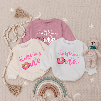 Sweet Half Way to One Donut Romper! Baby Girl's 1/2 Birthday Outfit, Sprinkles Bodysuit, Cute Donut Theme Party Clothes, Pink Donut Bodysuit (138 chars)