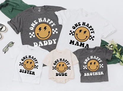 One Happy Dude Matching Birthday Shirt Bodysuit Romper for Baby Boy Retro Smiley Lightning Checkerboard Design First Birthday Celebration Family Gift