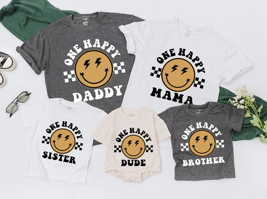 One Happy Dude Matching Birthday Shirt Bodysuit Romper for Baby Boy Retro Smiley Lightning Checkerboard Design First Birthday Celebration Family Gift