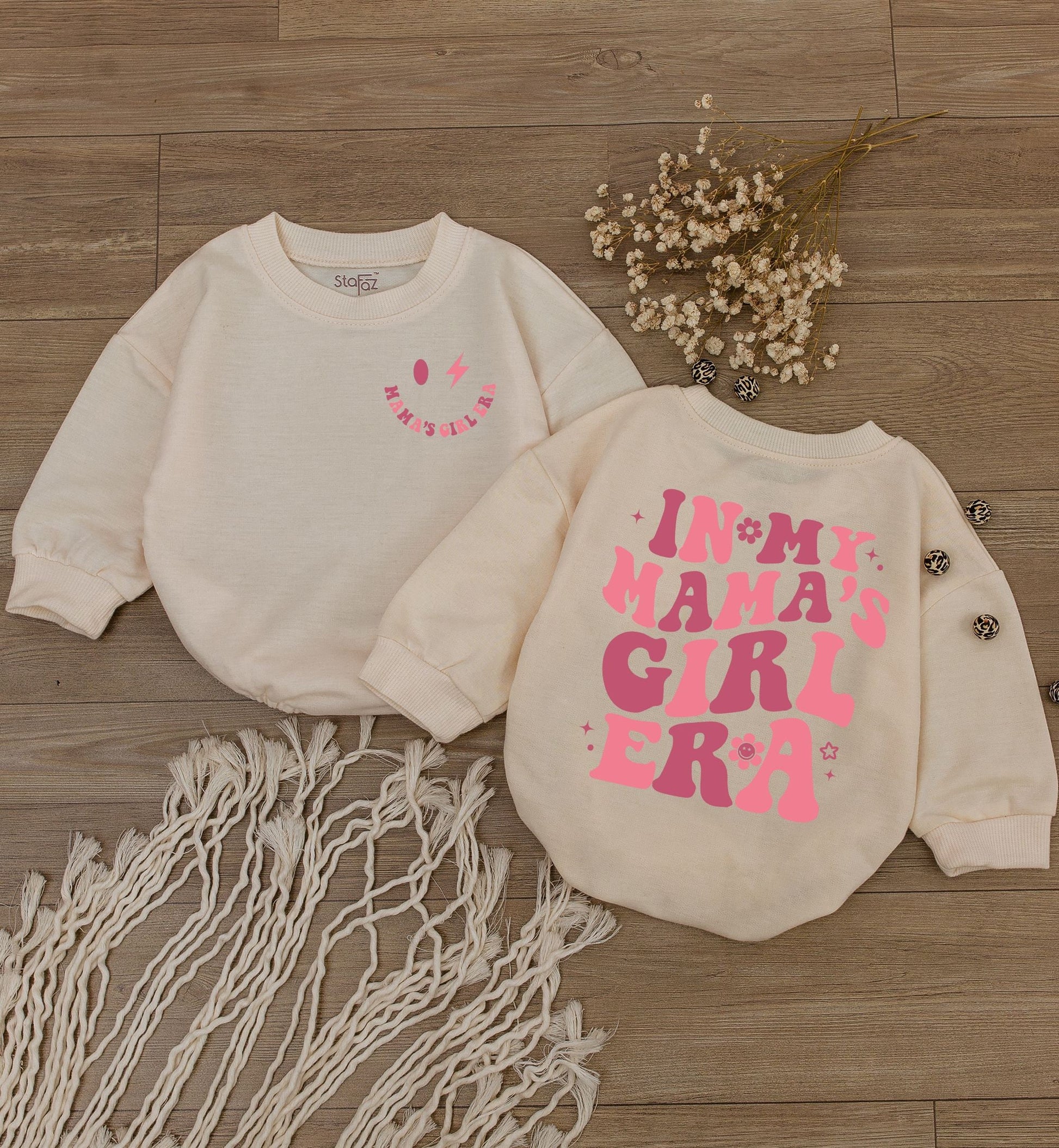 Mama's Girl Era Baby Romper Retro Newborn Outfit, Pink Smiley Face Bodysuit, Daughter Gift Stars Flowers, Funny Pregnancy Announcement Clothes (139 chars)