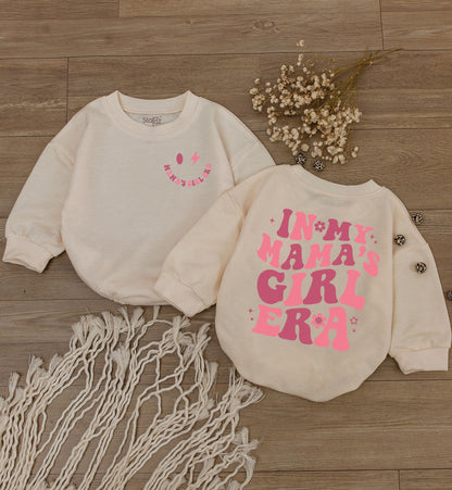 Mama's Girl Era Baby Romper Retro Newborn Outfit, Pink Smiley Face Bodysuit, Daughter Gift Stars Flowers, Funny Pregnancy Announcement Clothes (139 chars)