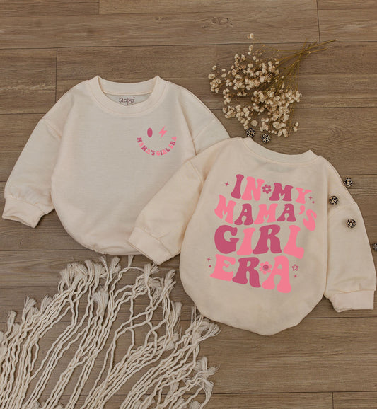 Mama's Girl Era Baby Romper Retro Newborn Outfit, Pink Smiley Face Bodysuit, Daughter Gift Stars Flowers, Funny Pregnancy Announcement Clothes (139 chars)