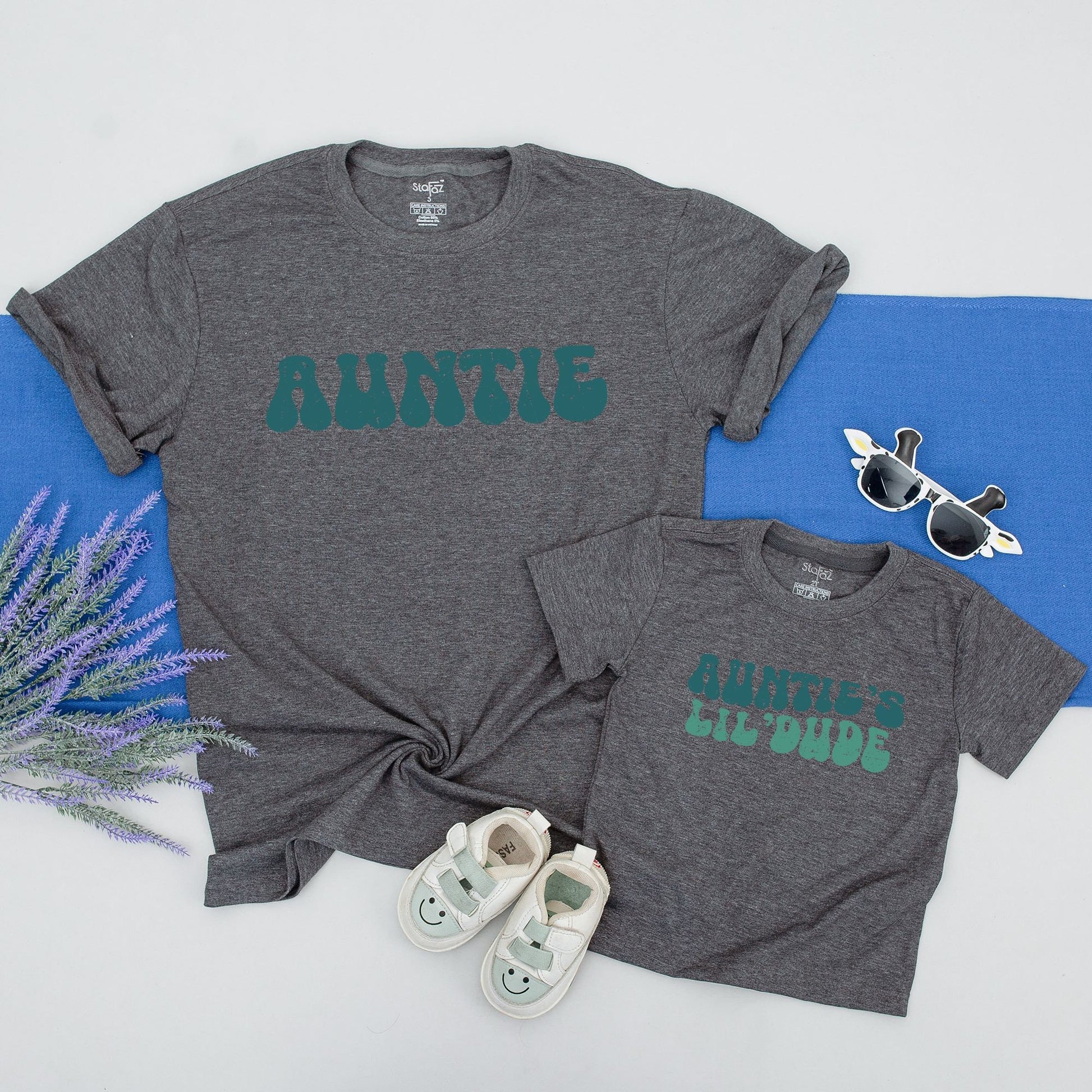 Retro Auntie's Lil' Dude Matching Set - Vintage Font Aunt and Nephew Outfits, Distressed Print, Personalized Auntie Gift, Cool Aunt, Baby Onesie