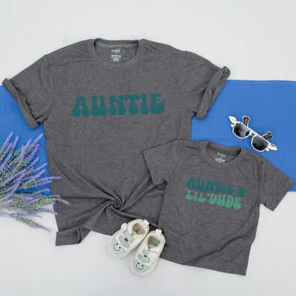 Retro Auntie's Lil' Dude Matching Set - Vintage Font Aunt and Nephew Outfits, Distressed Print, Personalized Auntie Gift, Cool Aunt, Baby Onesie