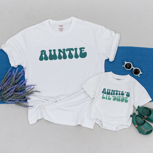 Retro Auntie's Lil' Dude Matching Set - Vintage Font Aunt and Nephew Outfits, Distressed Print, Personalized Auntie Gift, Cool Aunt, Baby Onesie